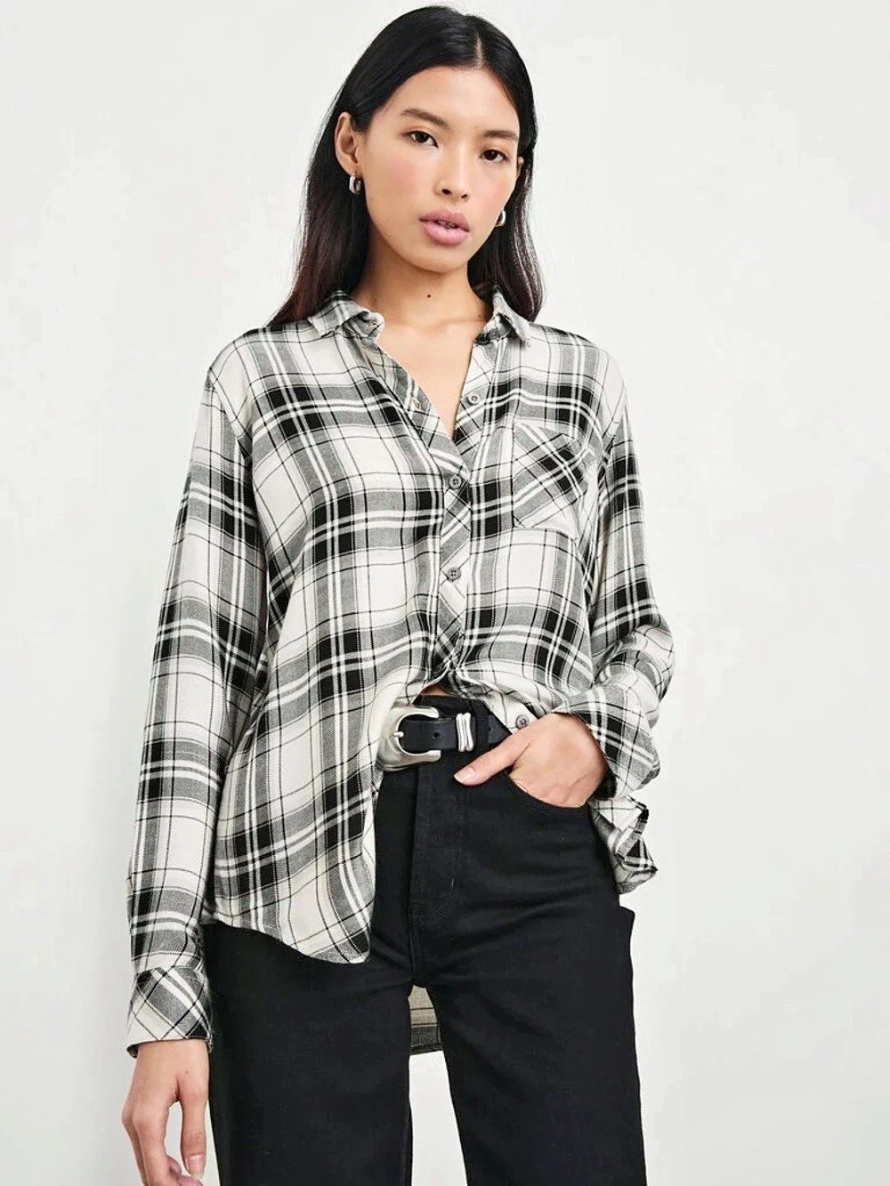 Rails Hunter Plaid Button-Up Shirt in Ivory, Dove, Onyx, Size Small